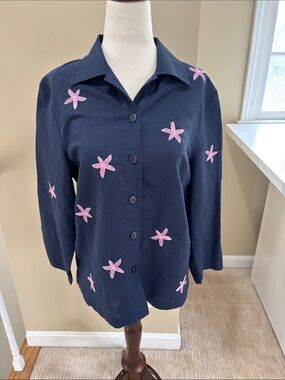 Navy Blue Linen Blend Button-Front Shirt  w/Starfish Embroidery Size S EUC